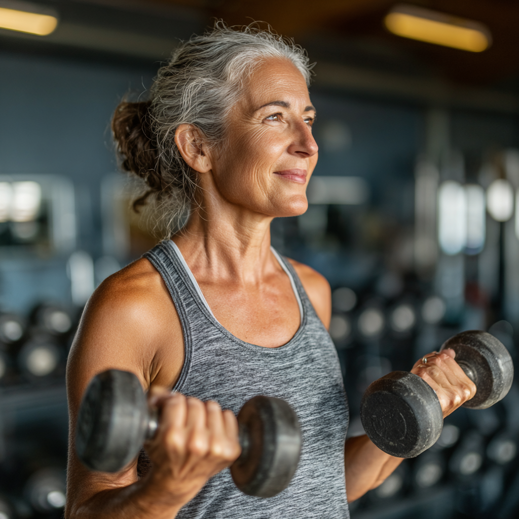 A confident woman in her early 50s performing strength training exercises with proper form in a bright, well-equipped fitness facility, demonstrating healthy aging through physical activity