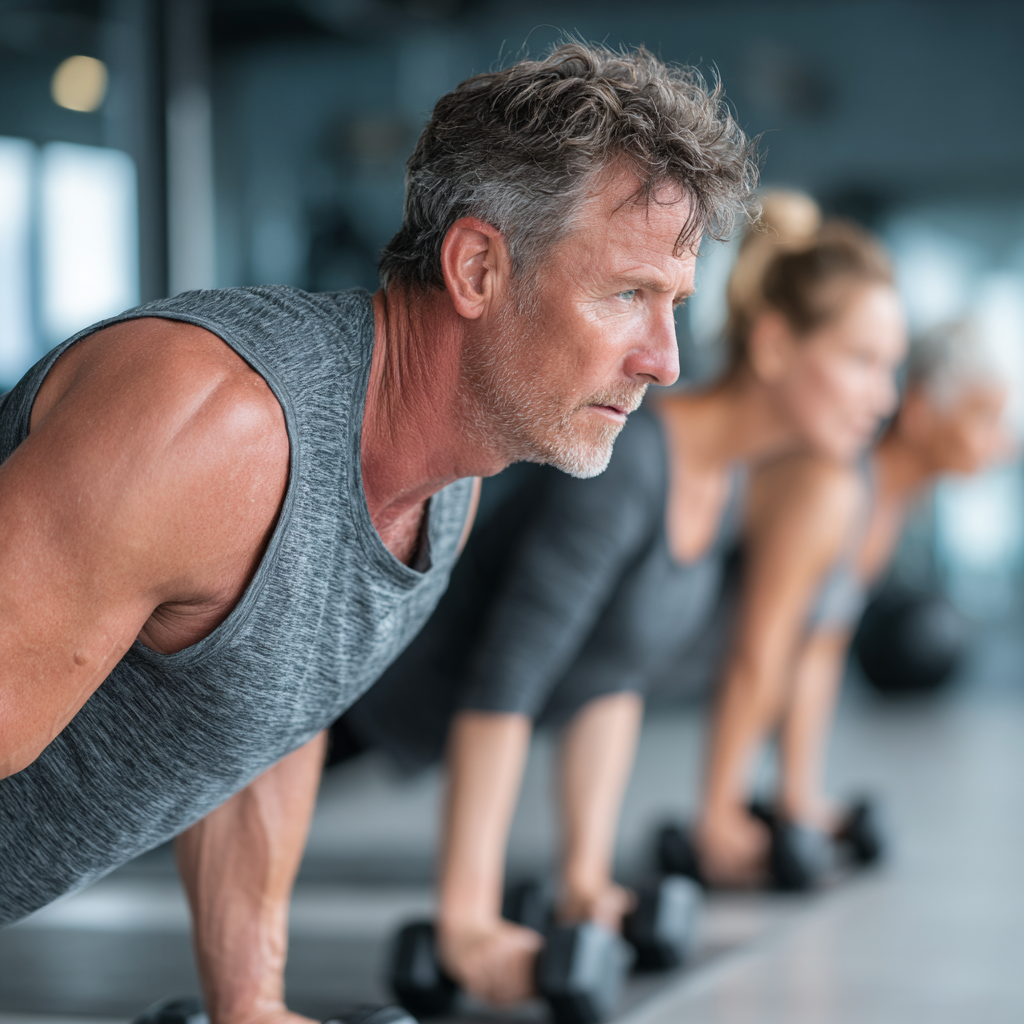 Mature adults aged 45-55 engaging in functional fitness training in a modern gym environment, demonstrating proper form during strength and mobility exercises